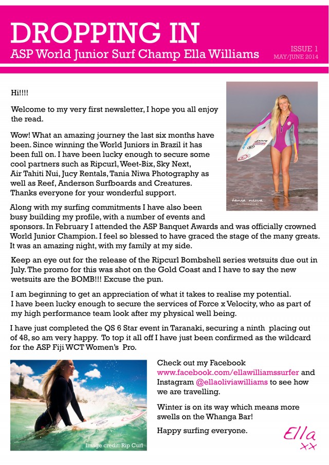 Ella Williams Pro Junior World Champion Surfer Inaugural Newslet
