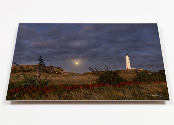 Cape Rd Lighthouse Pungarehu and Full Moon photo of Taranaki
