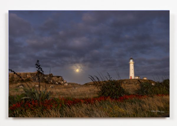 Cape Rd Lighthouse Pungarehu and Full Moon photo of Taranaki for sale